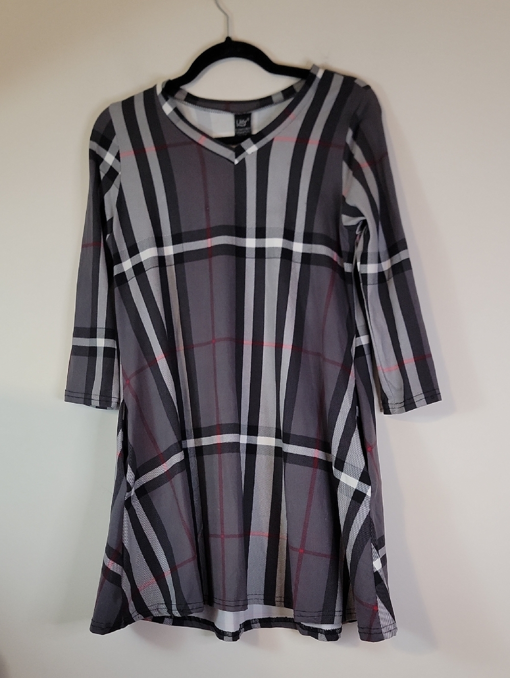 Women's Grey Plaid V-Neck Swing Dress